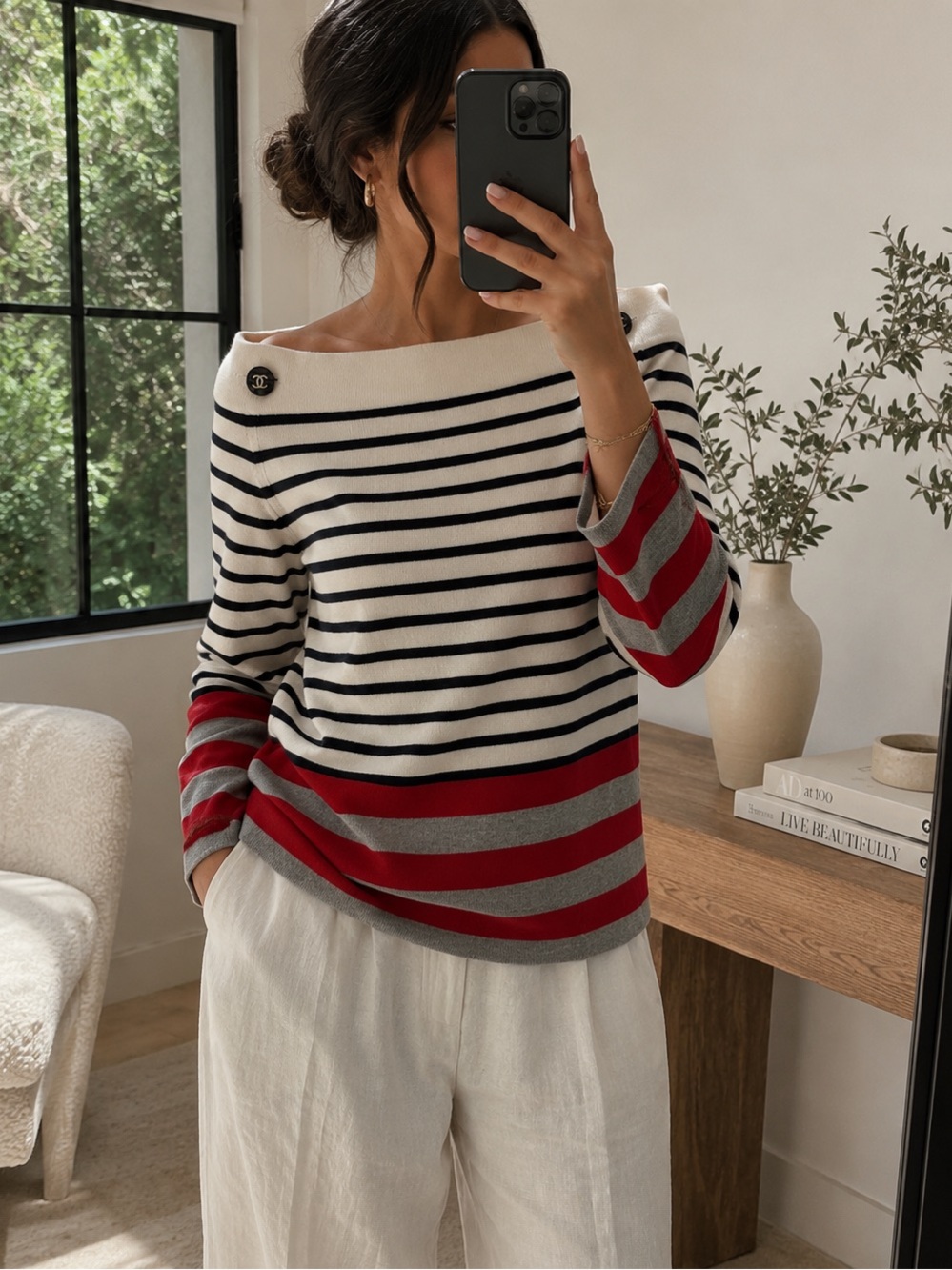 CHANEL 100% Cashmere CC Button Chain Shoulder Breton Sweater FR 40 US 8 - Picture 14 of 15